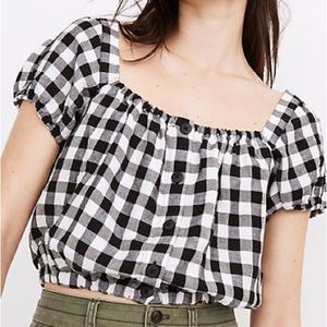 Linen-Blend Puff-Sleeve Button-Front Crop Top Gingham Checkered Cottagecore
